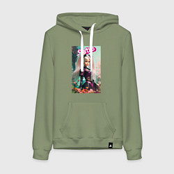 Толстовка-худи хлопковая женская Barbie among flowers - neural network, цвет: авокадо