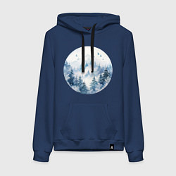 Толстовка-худи хлопковая женская Горы в тумане в круге, цвет: тёмно-синий