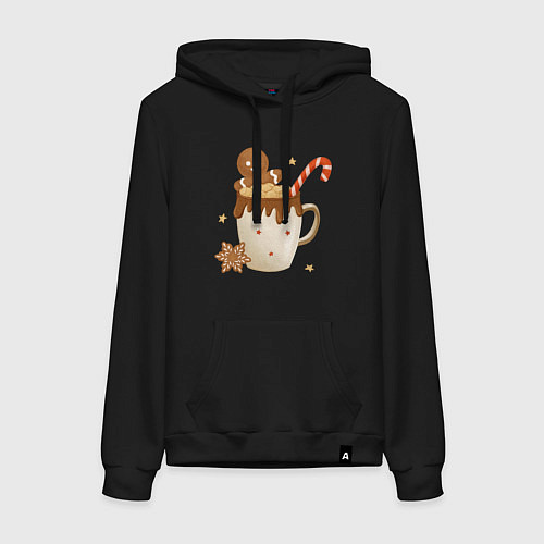 Женская толстовка-худи Кофе с маршмэллоу и имбирным пряником / Черный – фото 1