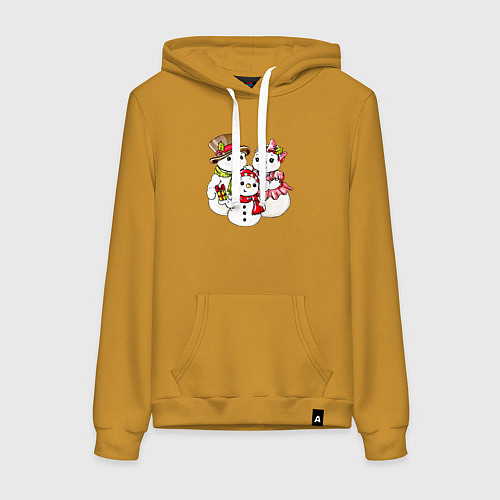 Женская толстовка-худи Снеговики семья / Горчичный – фото 1