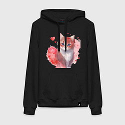 Толстовка-худи хлопковая женская Кошка в красных сердечках, цвет: черный