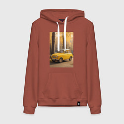 Толстовка-худи хлопковая женская Желтый ретро автомобиль, цвет: кирпичный