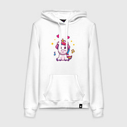 Толстовка-худи хлопковая женская Единорог в наушниках, цвет: белый