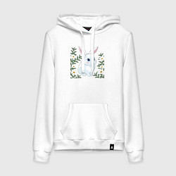 Толстовка-худи хлопковая женская Милый зайчонок на фоне цветов, цвет: белый