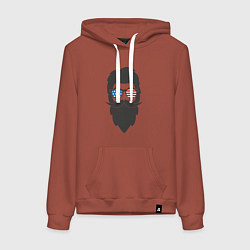 Толстовка-худи хлопковая женская Американец с усами и бородой, цвет: кирпичный