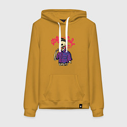 Толстовка-худи хлопковая женская Курящий скелет, цвет: горчичный