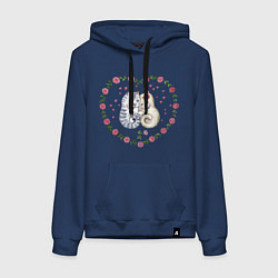 Толстовка-худи хлопковая женская Коты в сердечке с розами, цвет: тёмно-синий