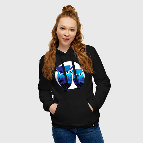 Женская толстовка-худи Семья филинов на фоне луны / Черный – фото 3