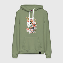 Толстовка-худи хлопковая женская Лисий контур из цветов, цвет: авокадо