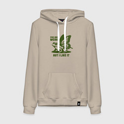 Толстовка-худи хлопковая женская Лягушка с крыльями ты странный но мне нравится, цвет: миндальный