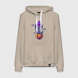 Толстовка-худи хлопковая женская Котик и хэллоуин, цвет: миндальный