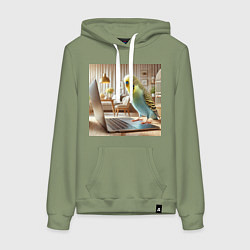 Толстовка-худи хлопковая женская Волнистый попугай с ноутбуком, цвет: авокадо