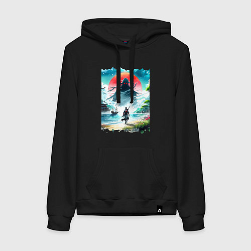 Женская толстовка-худи Призрак Цусимы - самурай на берегу озера / Черный – фото 1