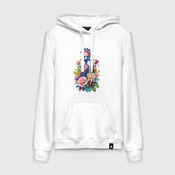 Толстовка-худи хлопковая женская Шлемоносный турако среди цветов, цвет: белый