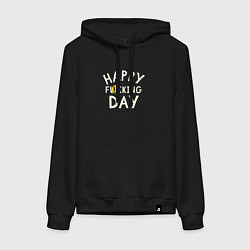 Толстовка-худи хлопковая женская Happy f**king day - надпись и смайл, цвет: черный