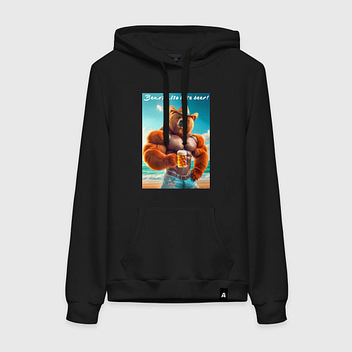 Женская толстовка-худи Медведь бодибилдер в соломенной шляпе с кружкой пи / Черный – фото 1