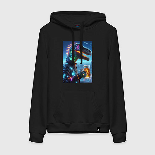 Женская толстовка-худи Крутой неоновый пивозавр в мегаполисе - киберпанк / Черный – фото 1