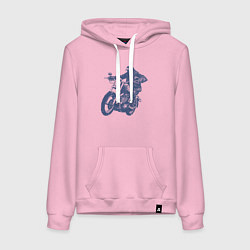 Толстовка-худи хлопковая женская Голубь на мотоцикле чоппере байкер, цвет: светло-розовый