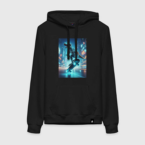 Женская толстовка-худи Кибер Дино крутой скейтбордист - неоновое свечение / Черный – фото 1