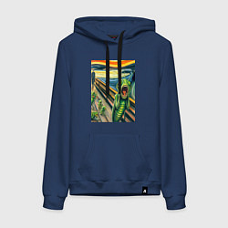 Толстовка-худи хлопковая женская Кузнечик кричит на картине Эдварда Мунка - мем иск, цвет: тёмно-синий