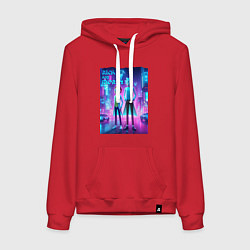 Толстовка-худи хлопковая женская Рик и Морти в неоновом городе - нейроарт, цвет: красный
