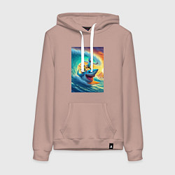 Толстовка-худи хлопковая женская Рик и Морти - сёрфинг на акуле, цвет: пыльно-розовый