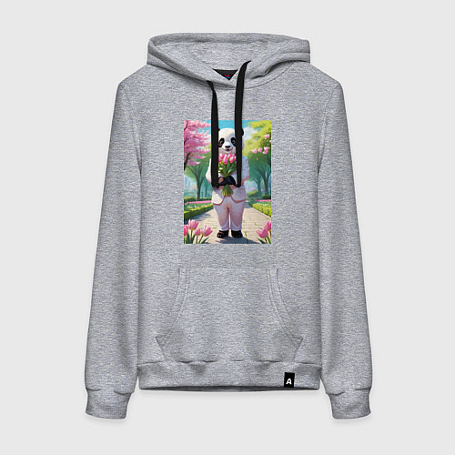 Женская толстовка-худи Панда с букетом тюльпанов / Меланж – фото 1