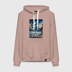 Толстовка-худи хлопковая женская Психоделический пейзаж с часами и рыбой, цвет: пыльно-розовый
