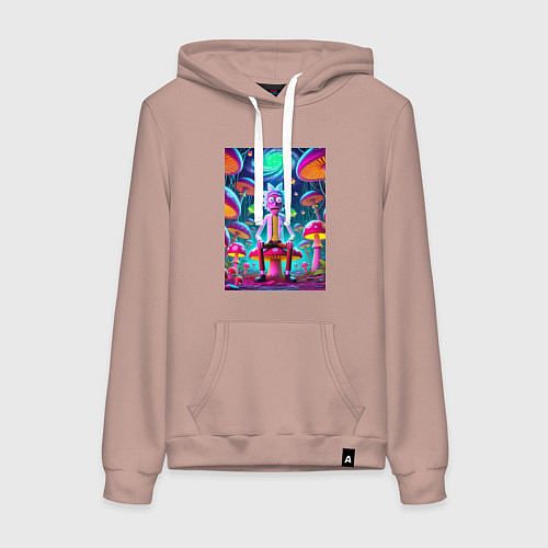 Женская толстовка-худи Рик среди неоновых грибов - нейроарт фантазия / Пыльно-розовый – фото 1