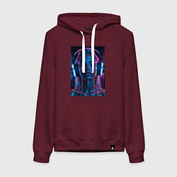 Толстовка-худи хлопковая женская Девушка с наушниками в неоне, цвет: меланж-бордовый