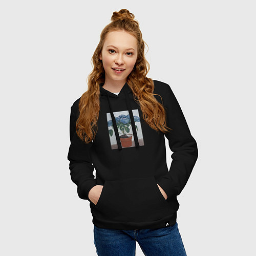 Женская толстовка-худи Спящий воробушек на гортензии / Черный – фото 3