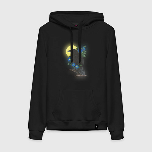 Женская толстовка-худи Чёрный ворон на ветке под луной среди синих цветов / Черный – фото 1