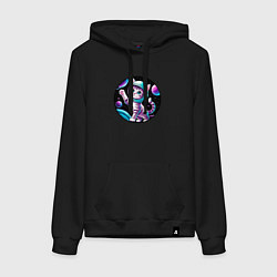 Толстовка-худи хлопковая женская Кошечка тянется к планетам, цвет: черный