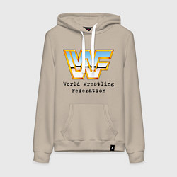 Толстовка-худи хлопковая женская Всемирная федерация рестлинга логотип, цвет: миндальный