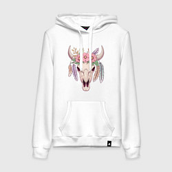 Толстовка-худи хлопковая женская Череп быка с цветами и перьями в стиле бохо, цвет: белый