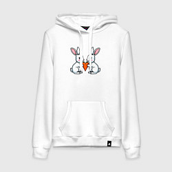 Толстовка-худи хлопковая женская Зайчики с морковкой в виде сердечка, цвет: белый