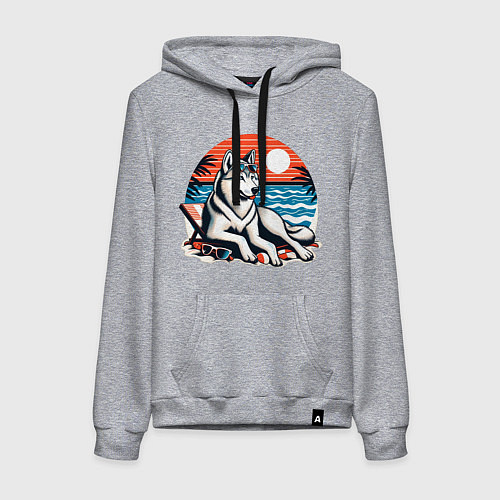 Женская толстовка-худи Хаски отдыхает на пляже / Меланж – фото 1