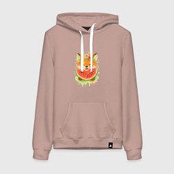 Толстовка-худи хлопковая женская Лисичка ест арбуз, цвет: пыльно-розовый