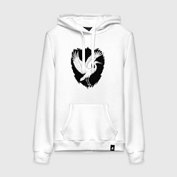 Толстовка-худи хлопковая женская Аист на черном щите, цвет: белый