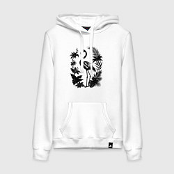 Толстовка-худи хлопковая женская Черный фламинго в цветах, цвет: белый