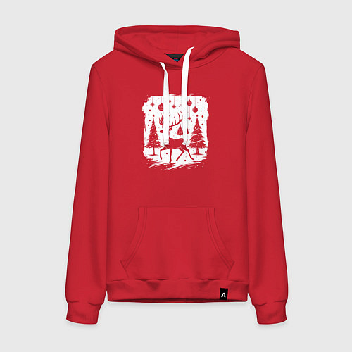 Женская толстовка-худи Олень в новогоднем лесу / Красный – фото 1