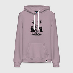 Толстовка-худи хлопковая женская Олень в новогоднем лесу, цвет: сиреневый