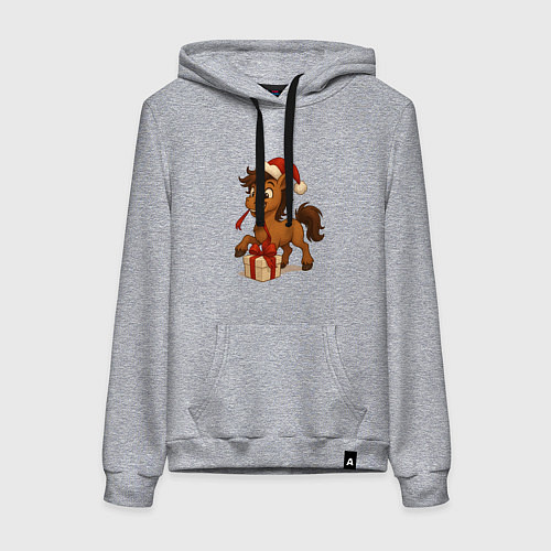 Женская толстовка-худи Лошадка распаковывает подарок / Меланж – фото 1