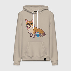 Толстовка-худи хлопковая женская Хипстер Корги, цвет: миндальный