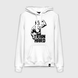 Толстовка-худи хлопковая женская Train hard, цвет: белый