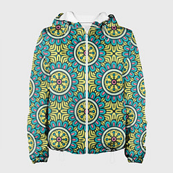 Куртка с капюшоном женская Хризантемы: бирюзовый узор, цвет: 3D-белый