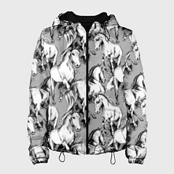 Куртка с капюшоном женская Белые лошади - паттерн, цвет: 3D-черный