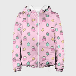 Куртка с капюшоном женская Новойгодний Розовый Паттерн, цвет: 3D-белый