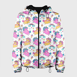Куртка с капюшоном женская Цветные Единорожки Паттерн, цвет: 3D-черный