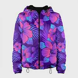 Куртка с капюшоном женская Узор Неоновый Гибискус, цвет: 3D-черный